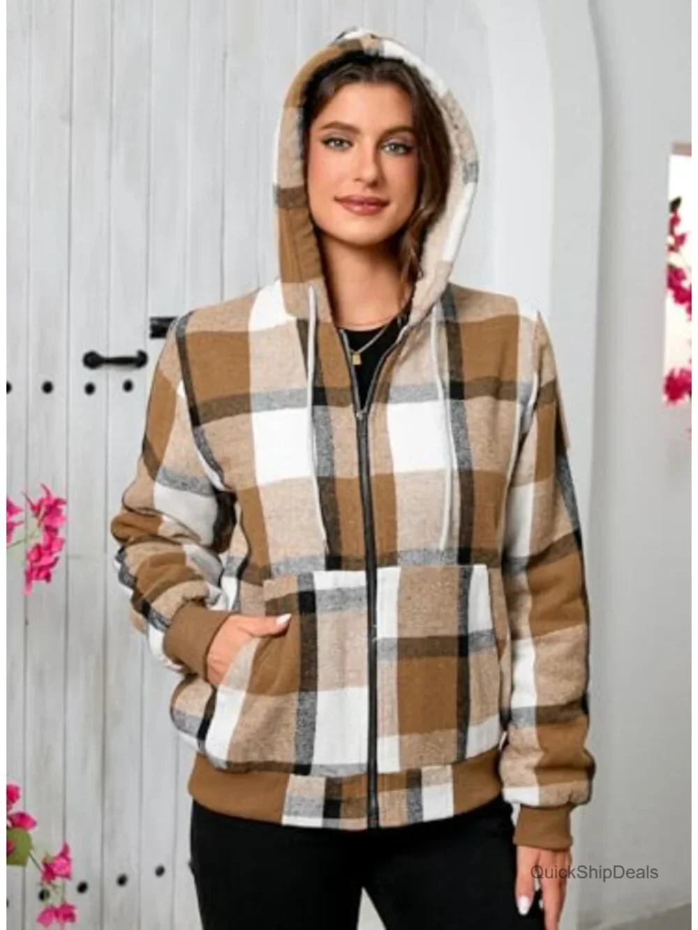 Women's Sherpa Lined Plaid Zip Up Casual Jacket with Hood